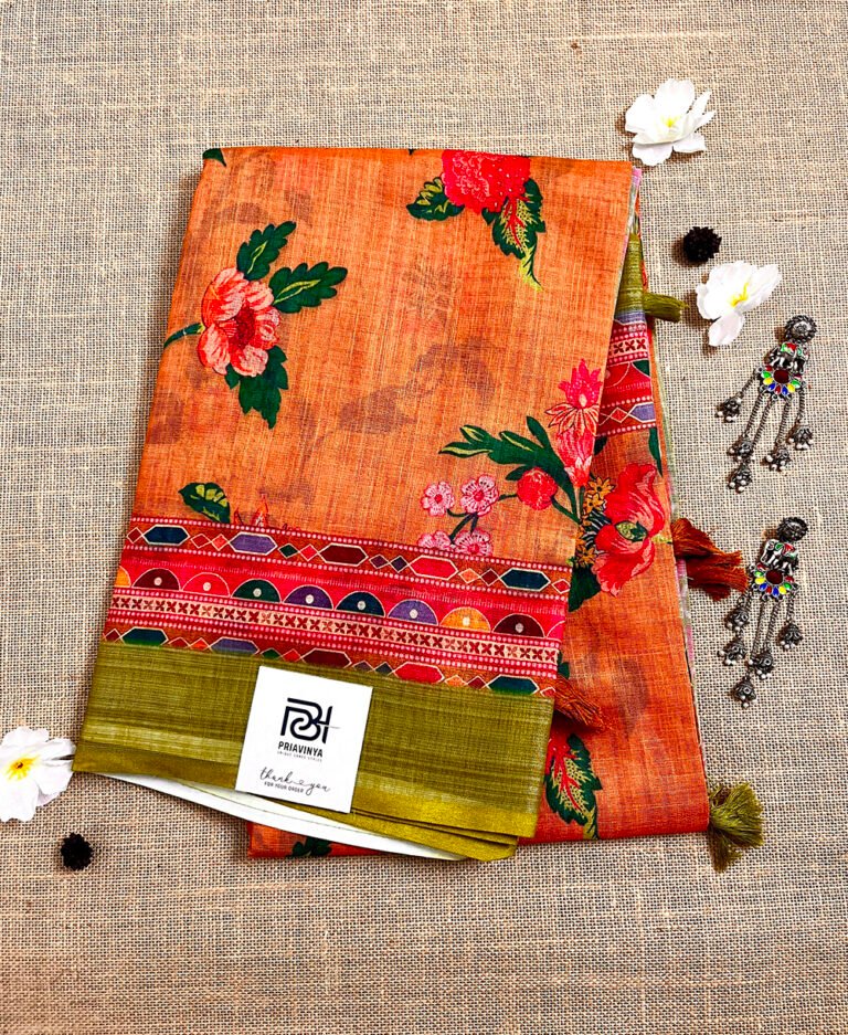 Brown Color Floral Digital Print Linen Silk Saree LDP010823S12
