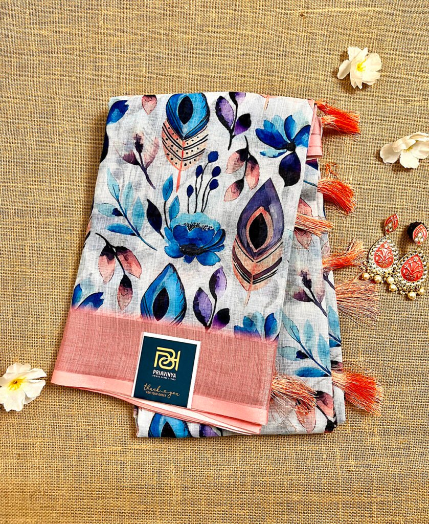 Digital Floral Printed Cotton Linen Silk Saree LLC020823027