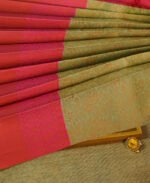 Light Olive Green & Pink Kanchipuram Designer Silk Saree - Image 3