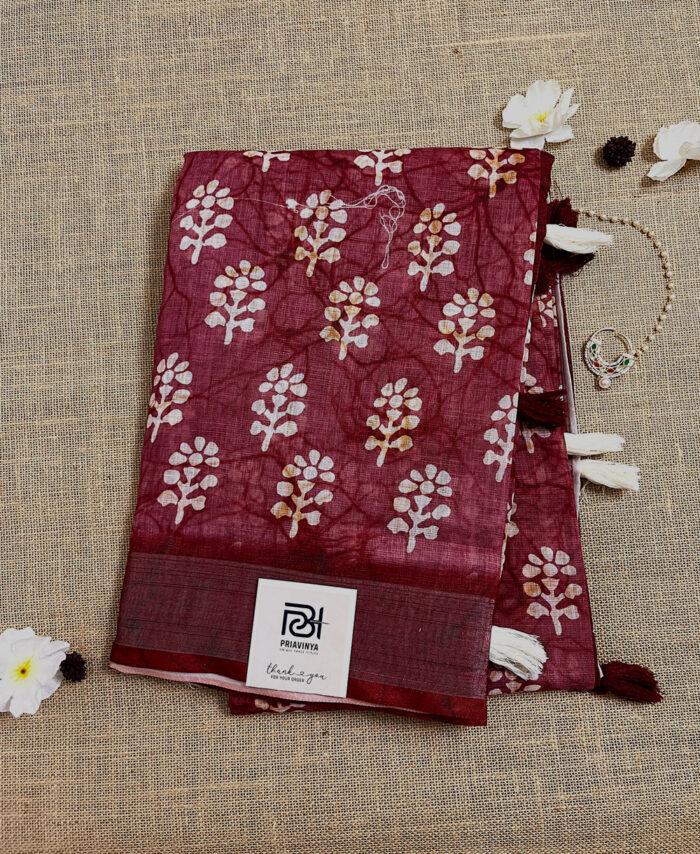 Maroon Color Digital Print linen Saree LPD060823S12