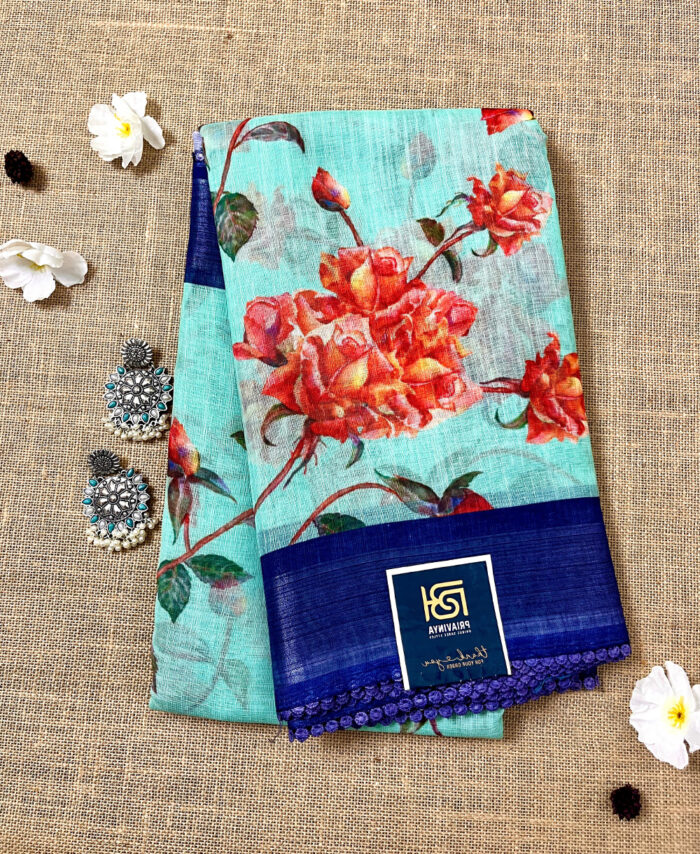 Rose floral Cotton Linen Silk Saree LFS0823020