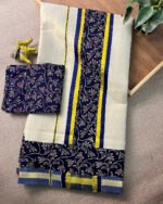 Kerala Saree with Blue Ajrakh Chanderi Border - Image 2