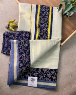 Kerala Saree with Blue Ajrakh Chanderi Border