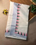 Kerala Saree with Silver Zari with Black & Pink Temple Border - Image 2